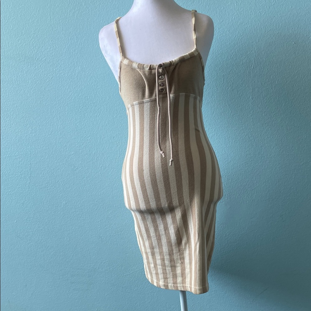 Mystic Beige and Cream Striped Knit Mini Dress